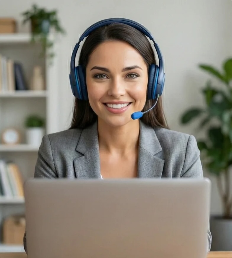 KI-Telefonassistentin am Schreibtisch fuer automatischen Kundenservice