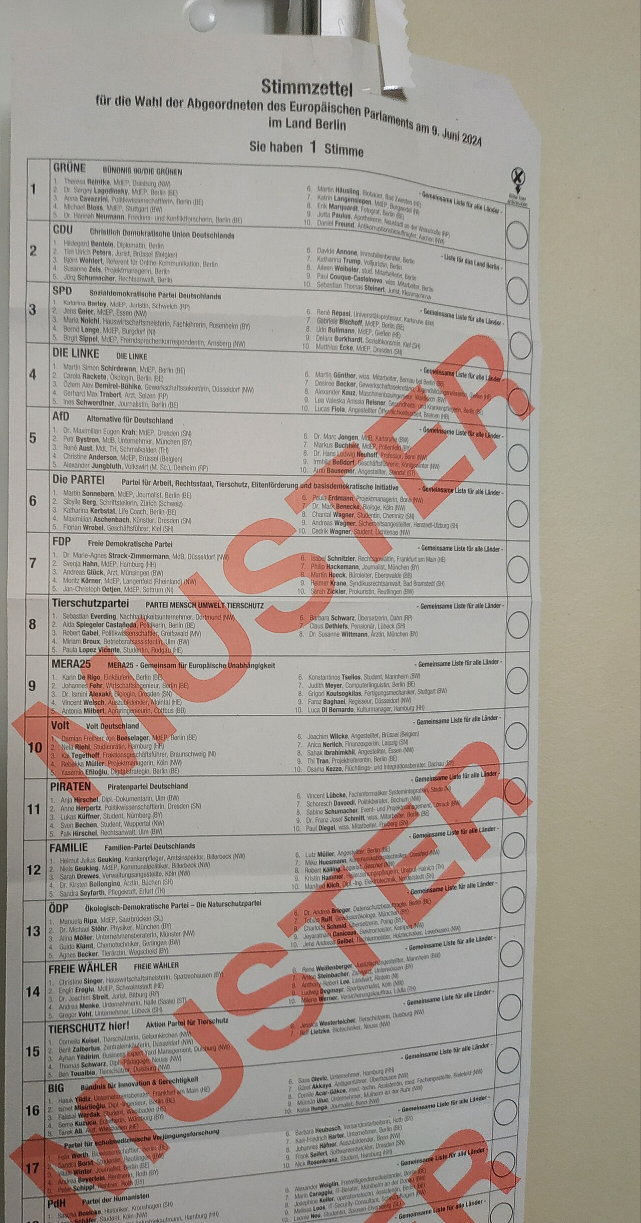 Stimmzettel Europawahl Rheinland-Pfalz